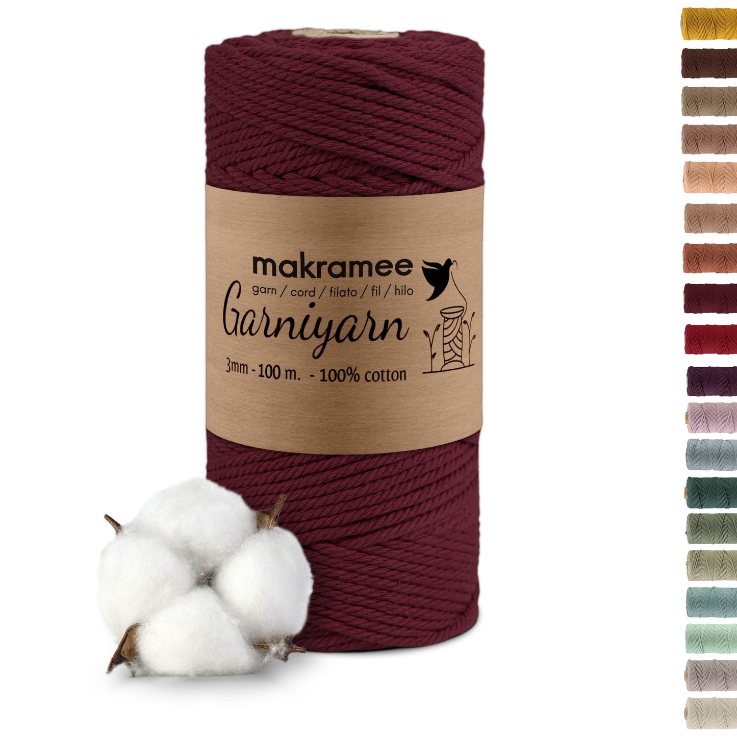 Macrame cord 3 mm Premium 100% Cotton , 100m Burgundy