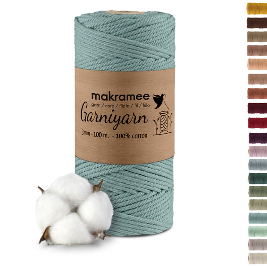 Macrame cord 3 mm Premium 100% Cotton , 100m Duck egg Bule