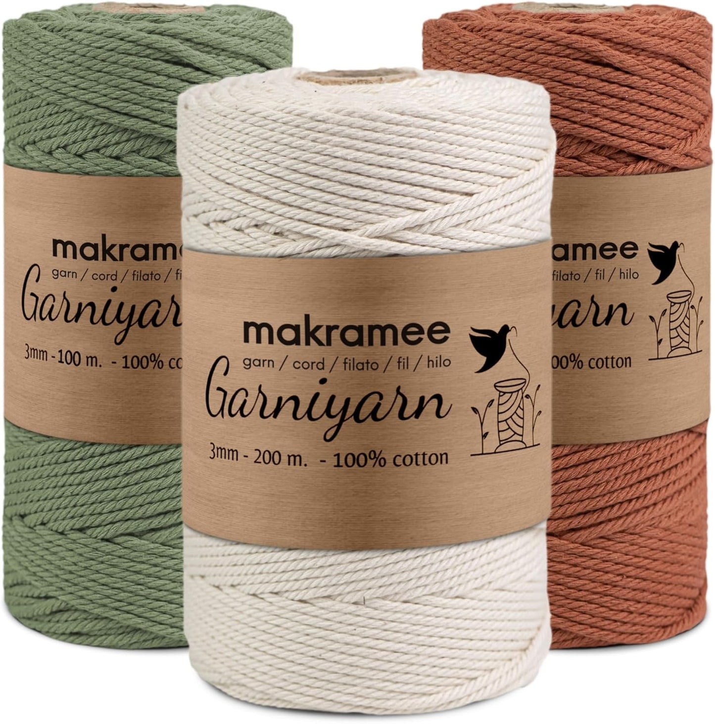 Garniyarn Macrame cord Bundle 3 mm Premium 100% Cotton Set of 1 bobbin x 200m Natural /100m Terracotta /100m Sage Green