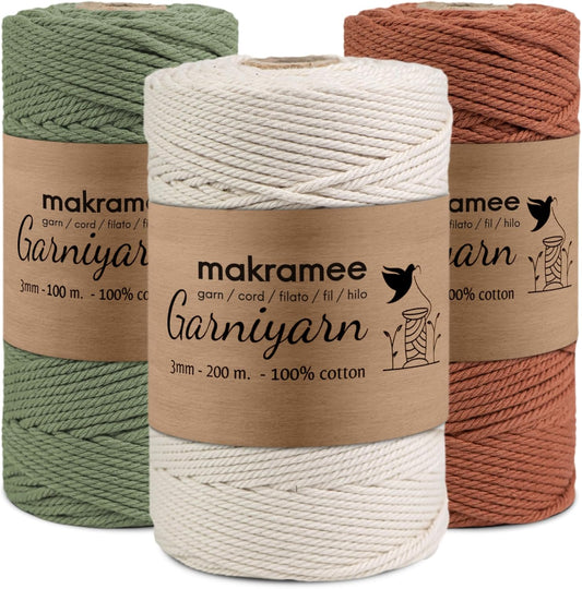 Garniyarn Macrame cord Bundle 3 mm Premium 100% Cotton Set of 1 bobbin x 200m Natural /100m Terracotta /100m Sage Green