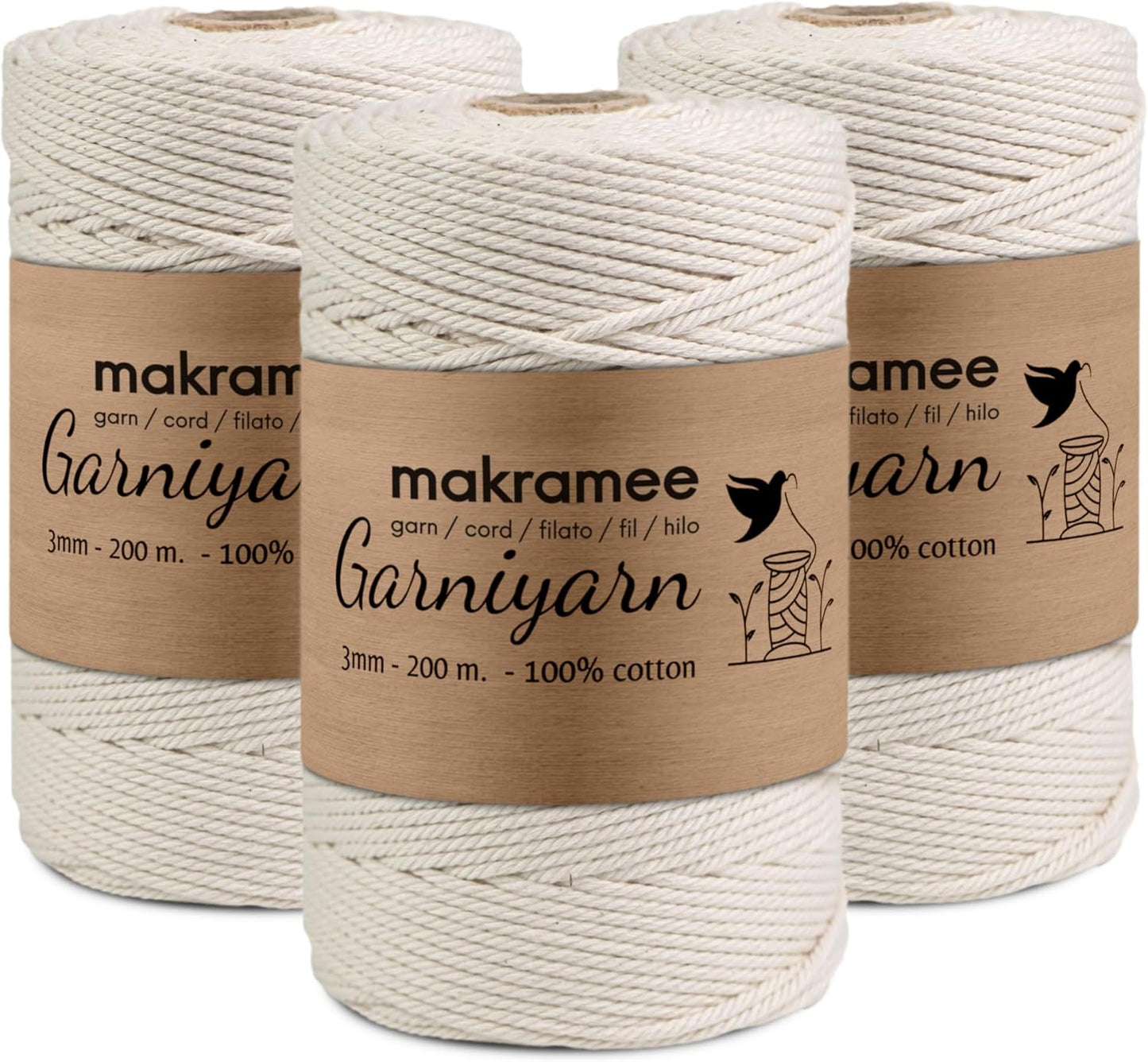 Macrame cord Bundle 3 mm Premium 100% Cotton Set of 3 bobbins x 200m