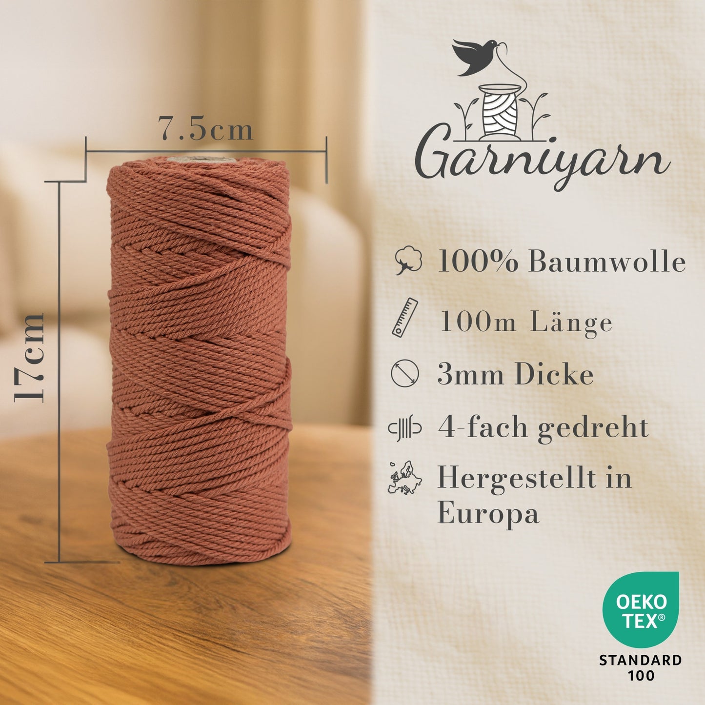 Macrame cord 3 mm Premium 100% Cotton , 100m Terracotta