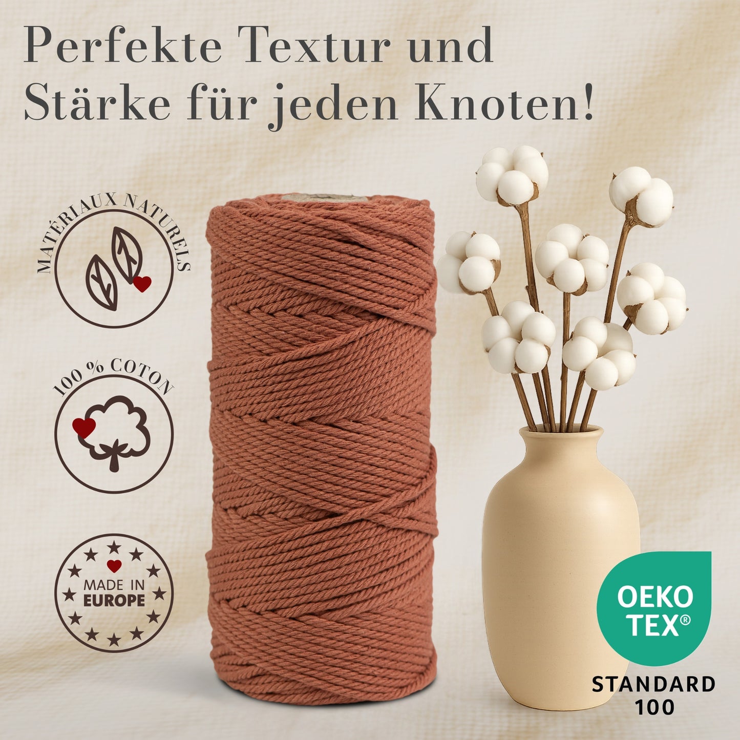 Macrame cord 3 mm Premium 100% Cotton , 100m Terracotta