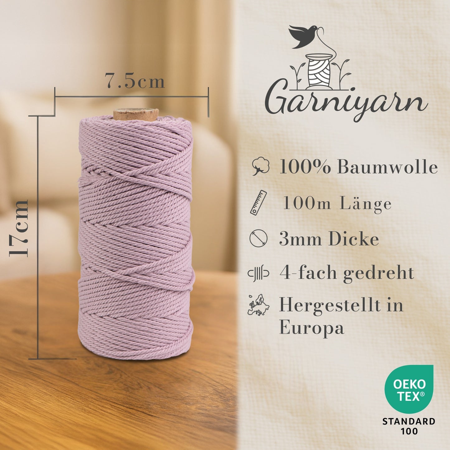 Macrame cord 3 mm Premium 100% Cotton , 100m Old Rose