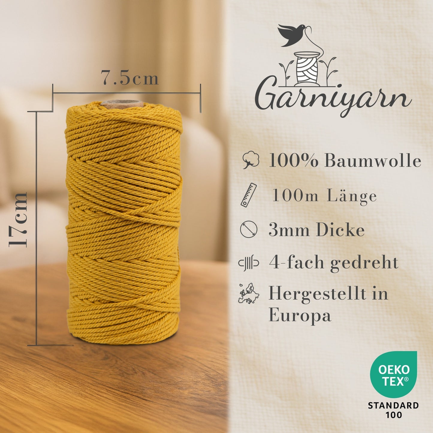 Macrame cord 3 mm Premium 100% Cotton , 100m Ocher