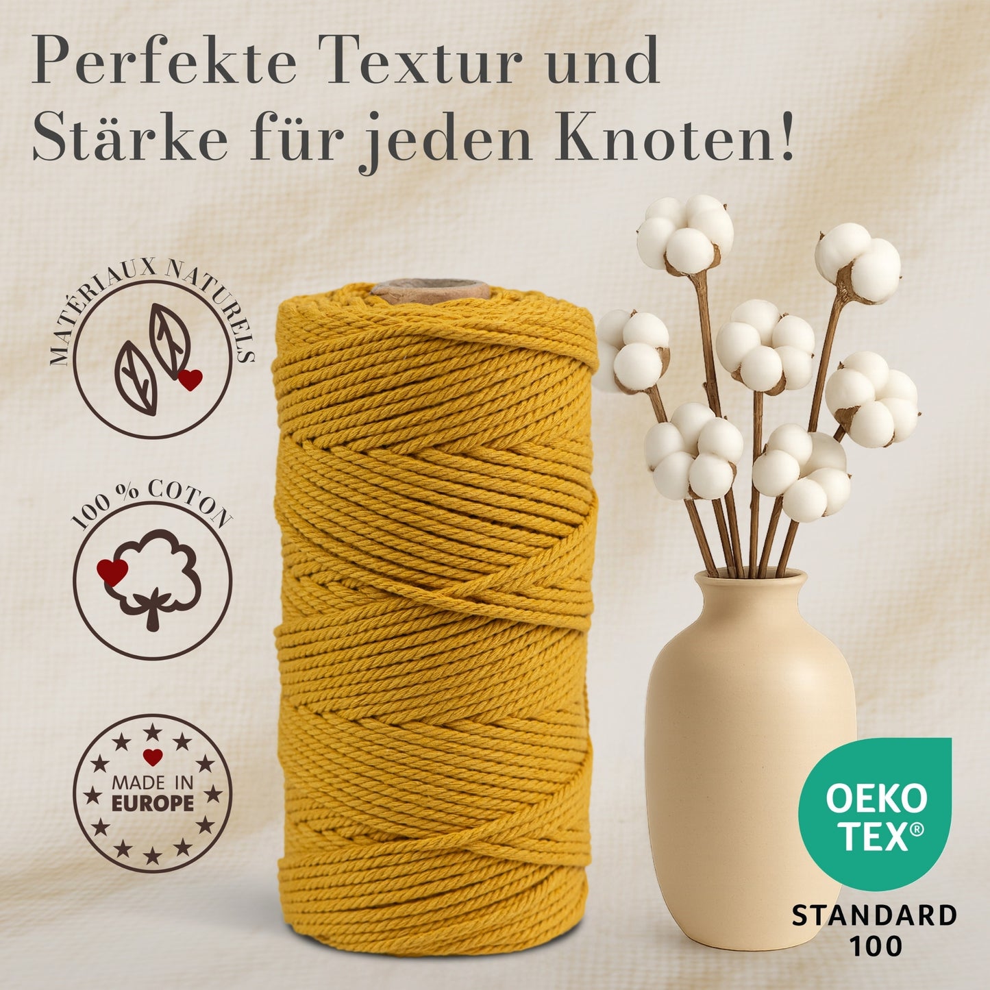 Macrame cord 3 mm Premium 100% Cotton , 100m Ocher