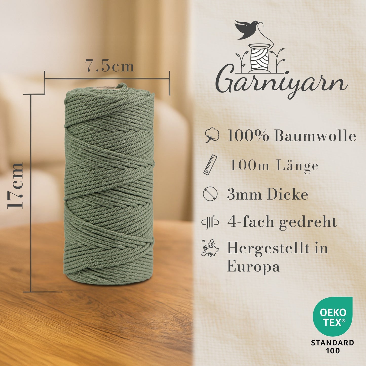 Macrame cord 3 mm Premium 100% Cotton , 100m Sage Green