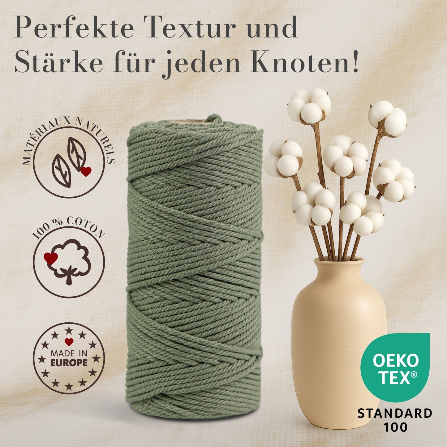Macrame cord 3 mm Premium 100% Cotton , 100m Sage Green