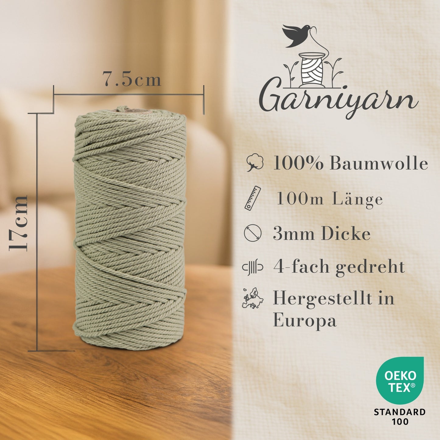 Macrame cord 3 mm Premium 100% Cotton , 100m Olive green