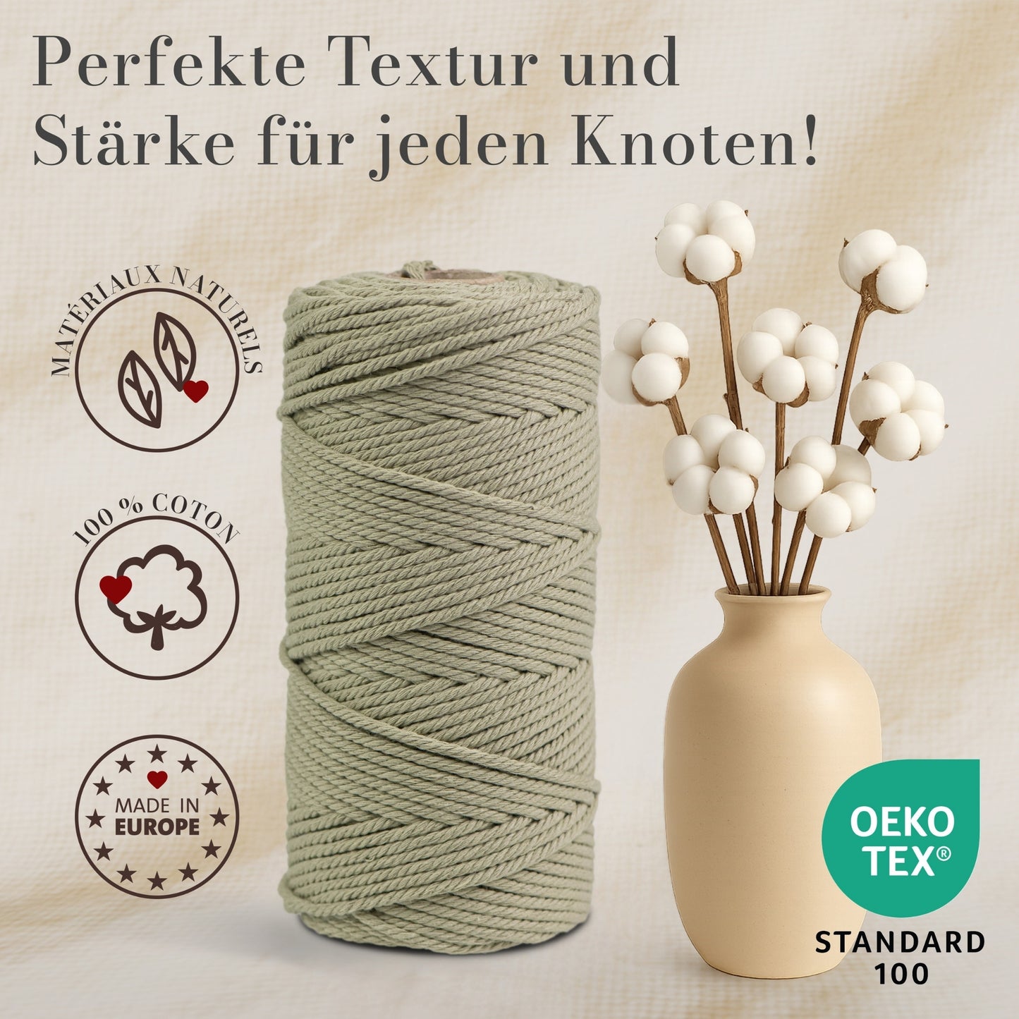Macrame cord 3 mm Premium 100% Cotton , 100m Olive green