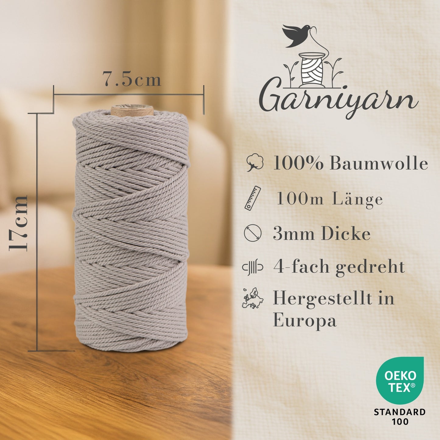 Macrame cord 3 mm Premium 100% Cotton , 100m Simply Taupe