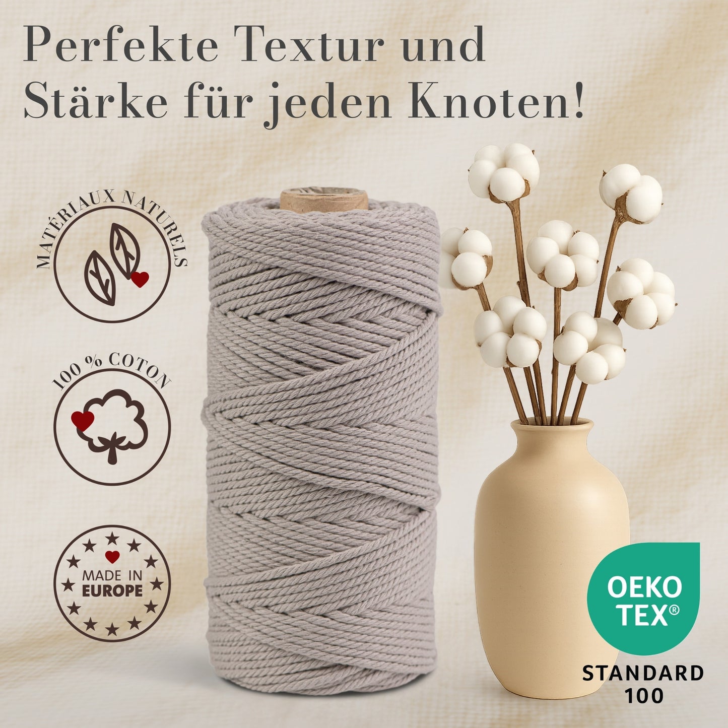 Macrame cord 3 mm Premium 100% Cotton , 100m Simply Taupe