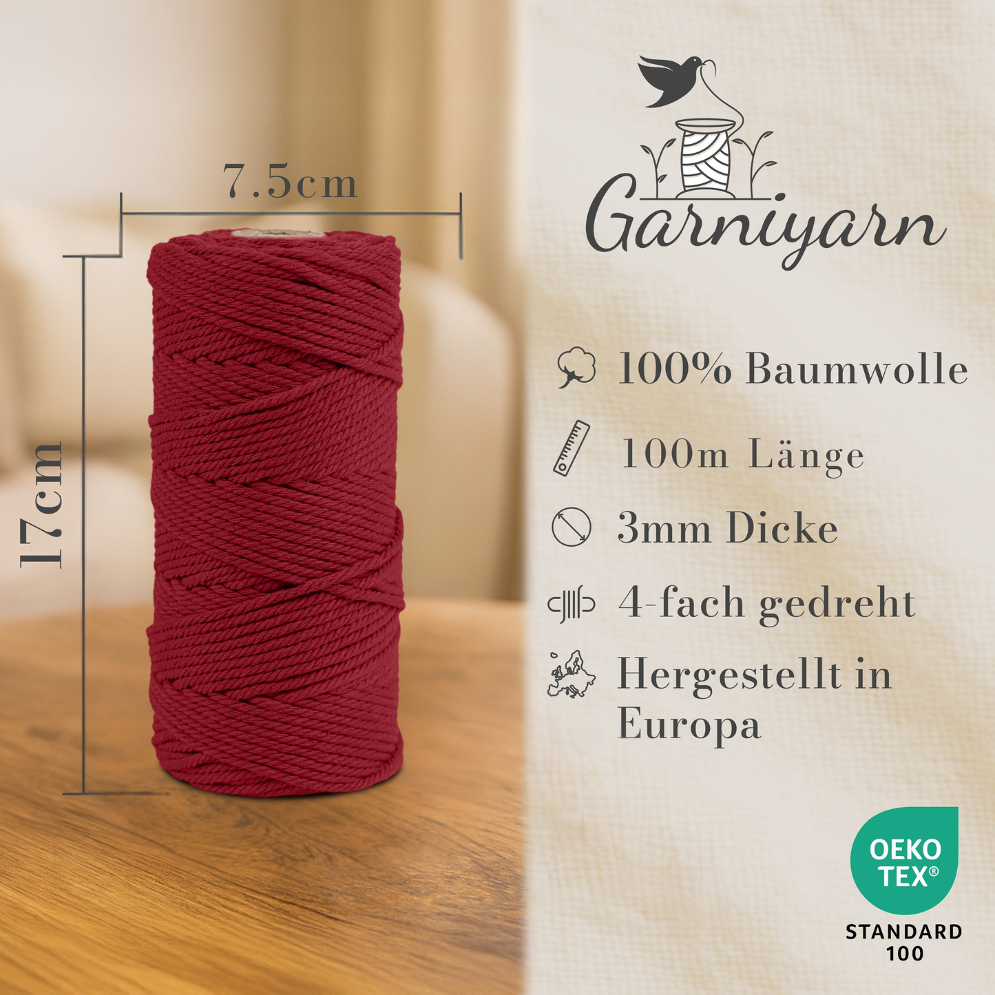 Macrame cord 3 mm Premium 100% Cotton , 100m Elegant Red