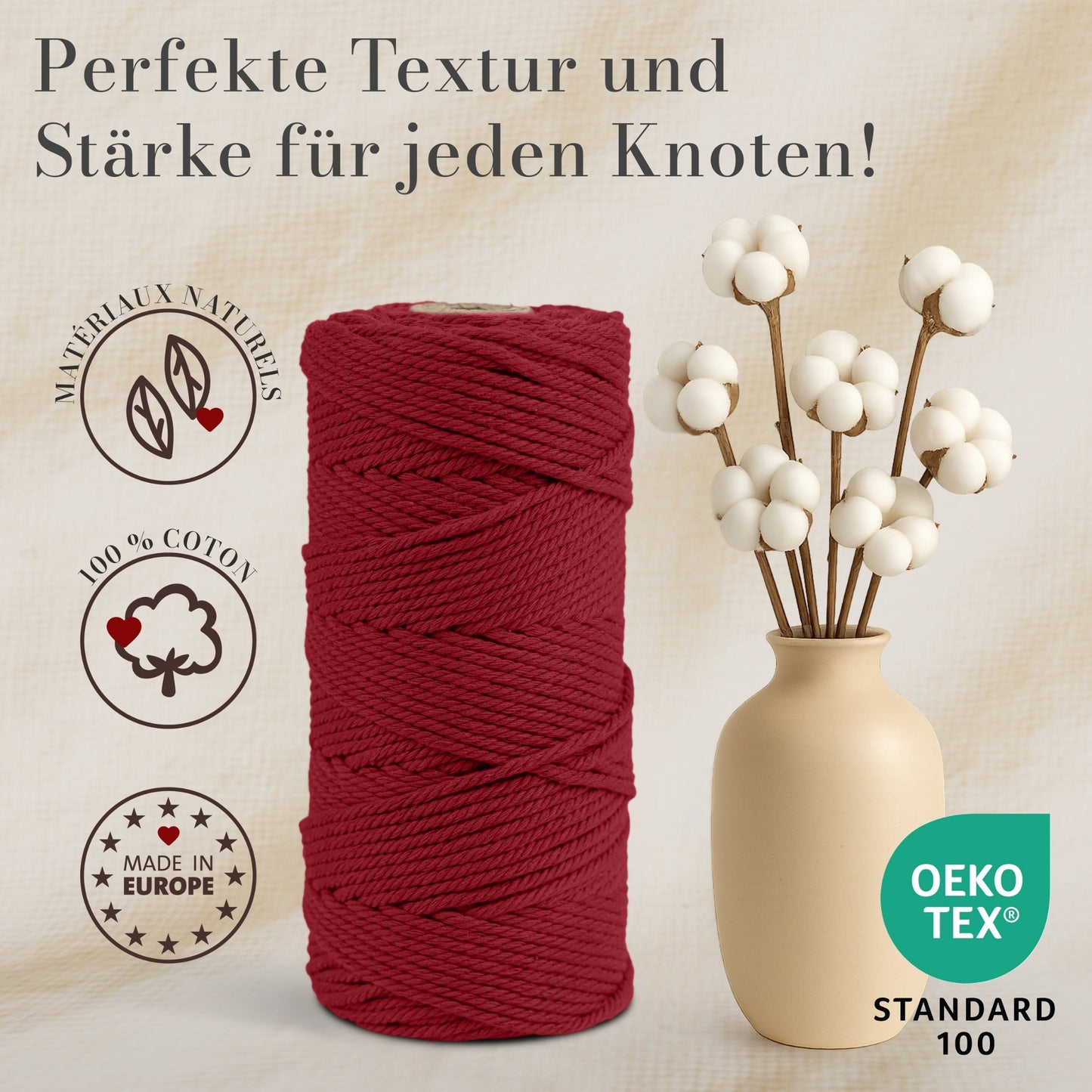 Macrame cord 3 mm Premium 100% Cotton , 100m Elegant Red