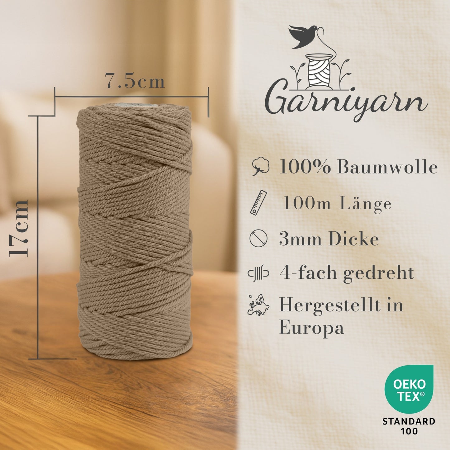 Macrame cord 3 mm Premium 100% Cotton , 100m Latte