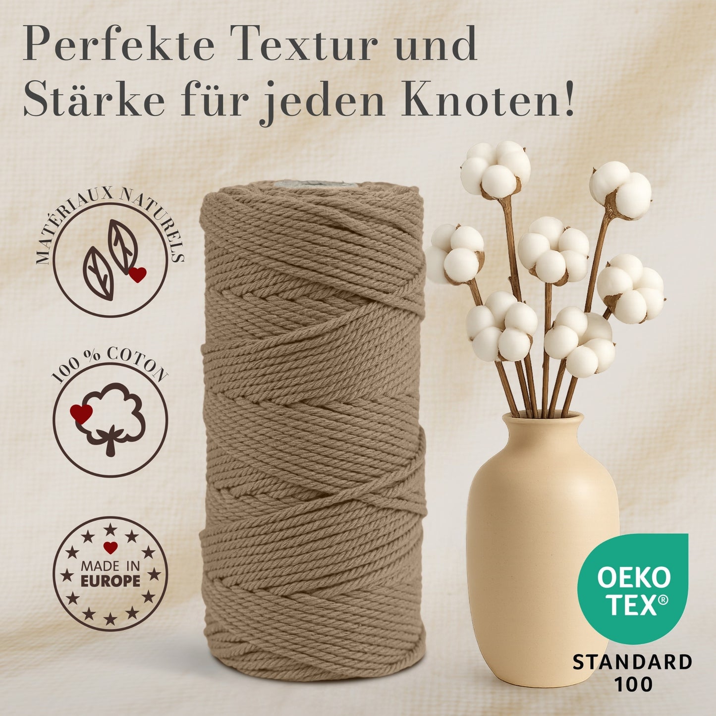 Macrame cord 3 mm Premium 100% Cotton , 100m Latte