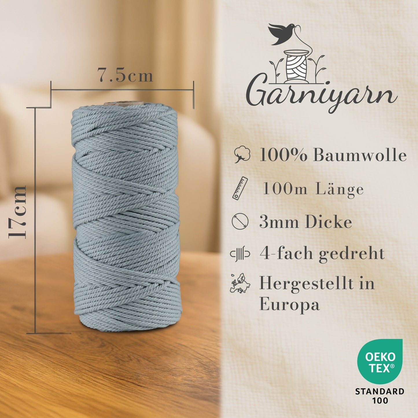 Macrame cord 3 mm Premium 100% Cotton , 100m Sage Blue