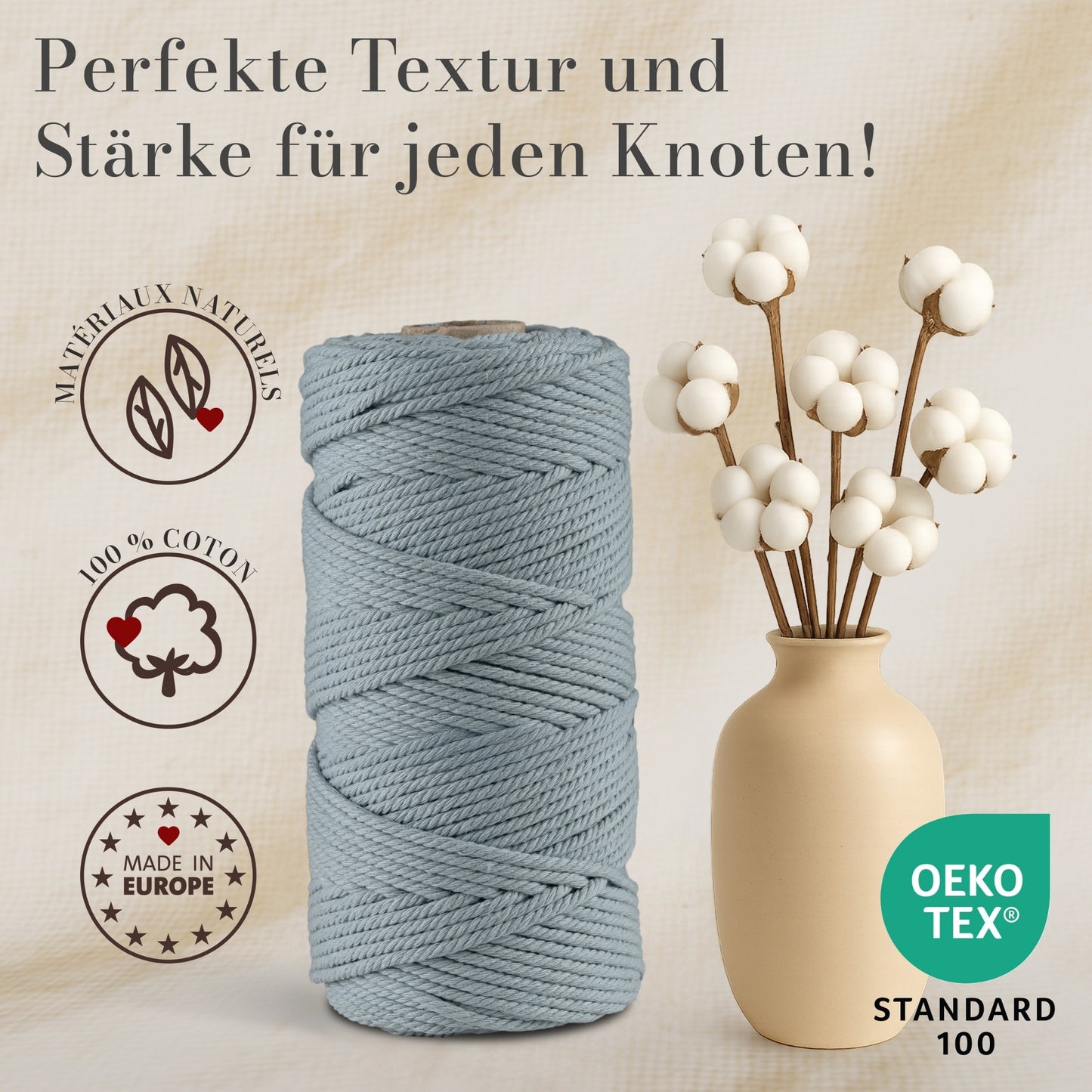 Macrame cord 3 mm Premium 100% Cotton , 100m Sage Blue