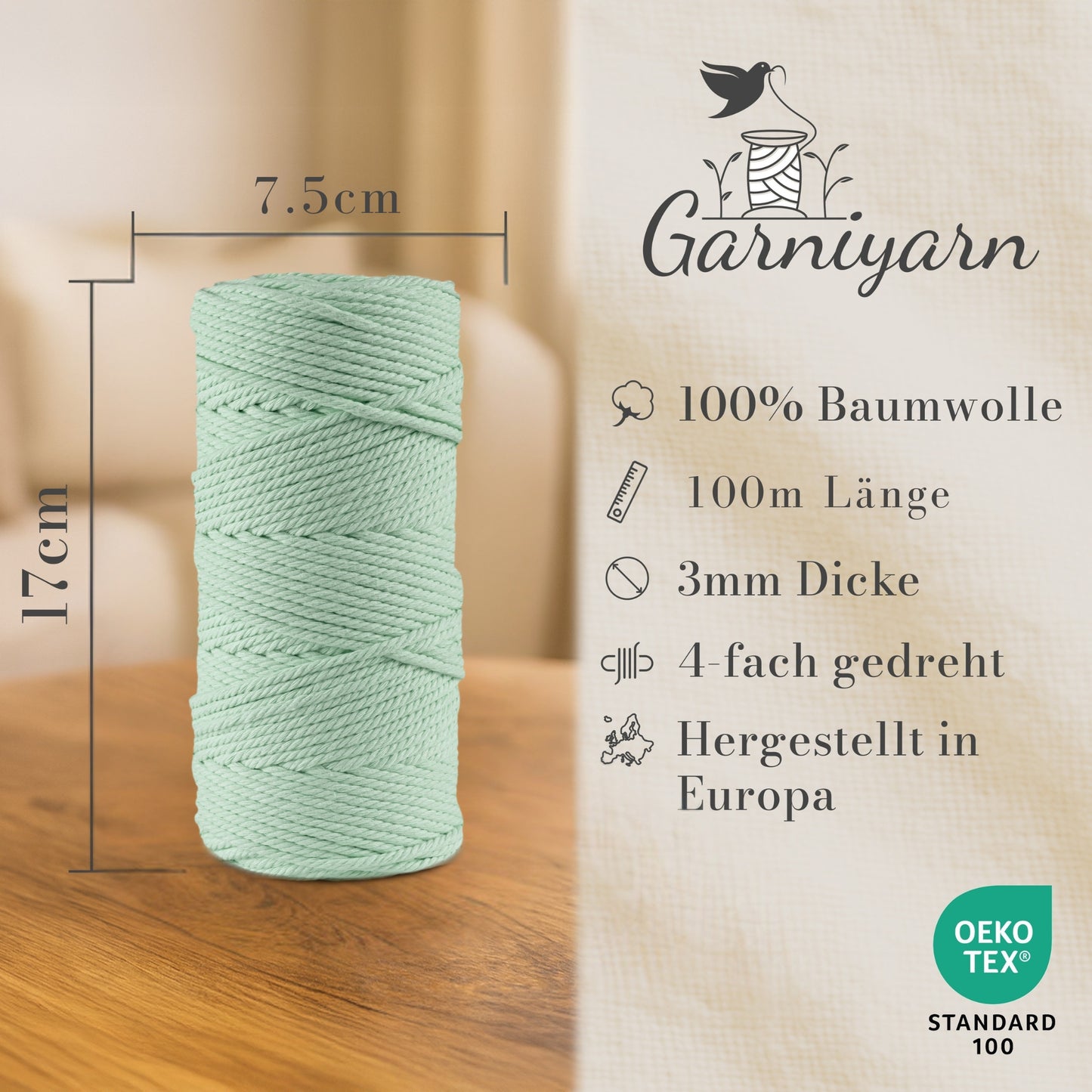 Macrame cord 3 mm Premium 100% Cotton , 100m Menthol