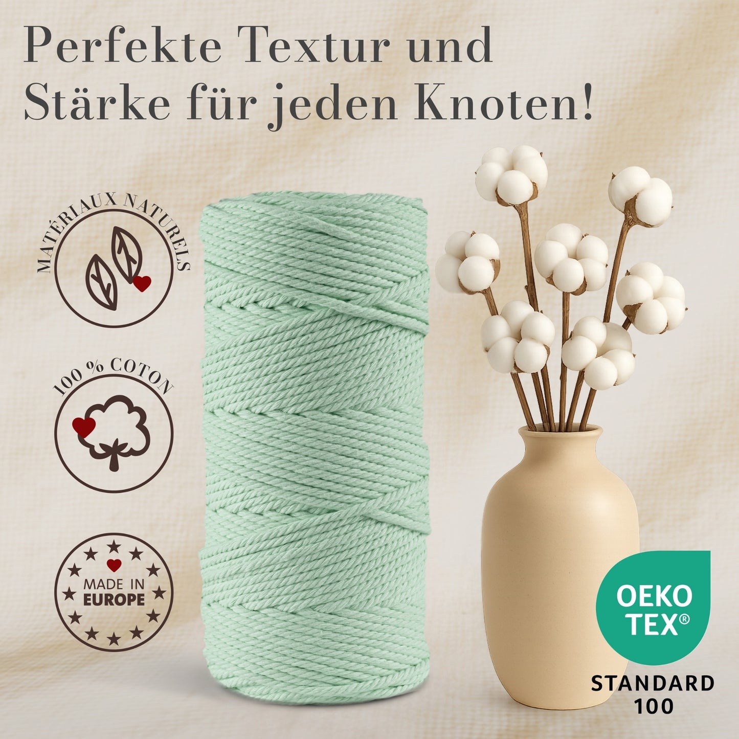 Macrame cord 3 mm Premium 100% Cotton , 100m Menthol