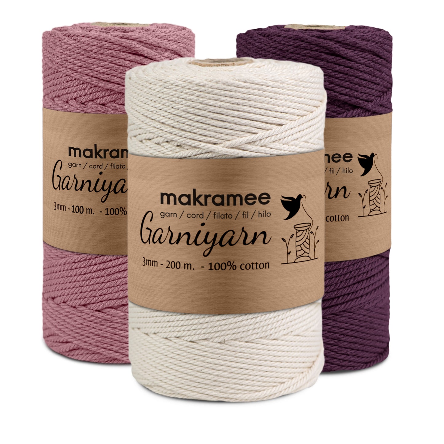 Garniyarn Macrame cord Bundle 3 mm Premium 100% Cotton Set of 1 bobbin x 200m Natural /100m Qeen Rose /100m BlackBerry Burgundy