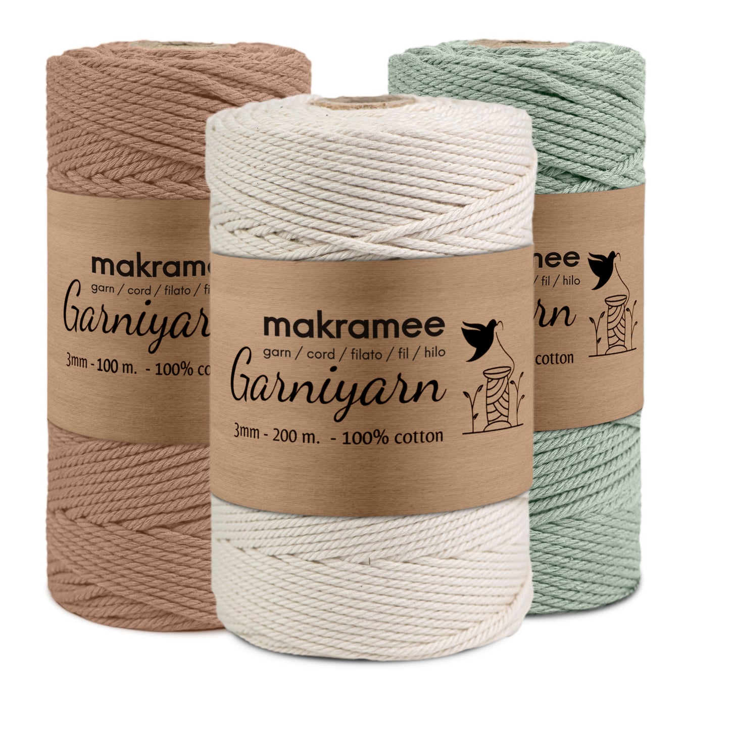 Garniyarn Macrame cord Bundle 3 mm Premium 100% Cotton Set of 1 bobbin x 200m Natural /100m Minted Sage /100m Mocha Mousse