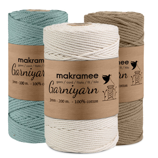 Garniyarn Macrame cord Bundle 3 mm Premium 100% Cotton Set of 1 bobbin x 200m Natural /100m Duck Egg Blue /100m Sage Latte