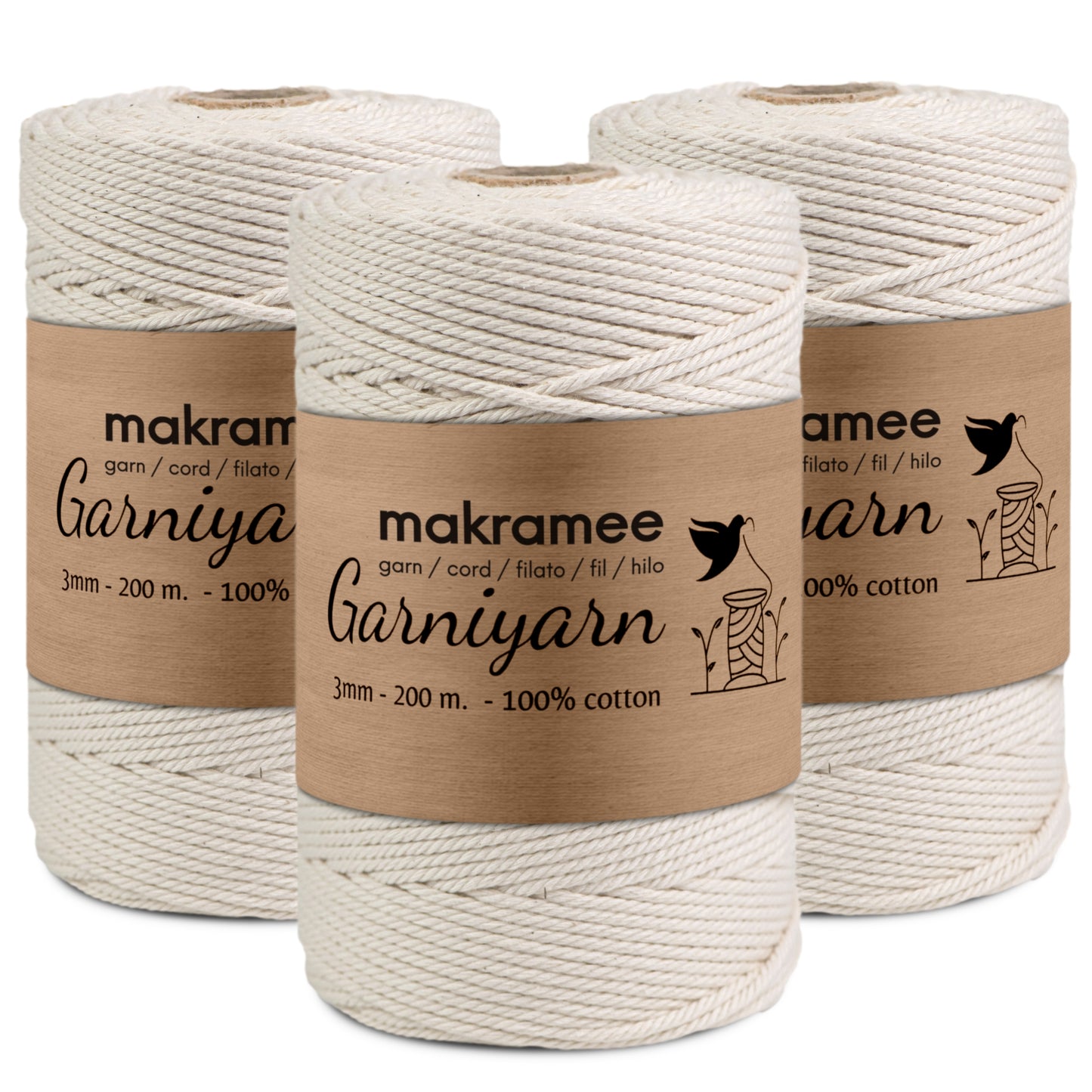 Macrame cord Bundle 3 mm Premium 100% Cotton Set of 3 bobbins x 200m