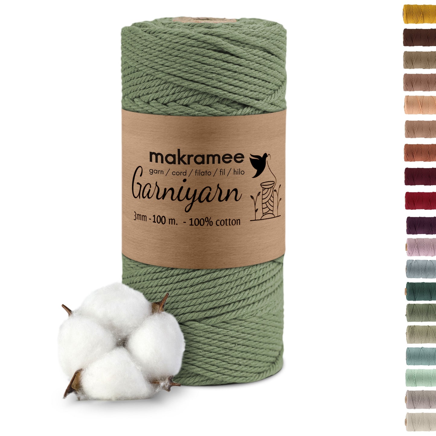 Macrame cord 3 mm Premium 100% Cotton , 100m Sage Green