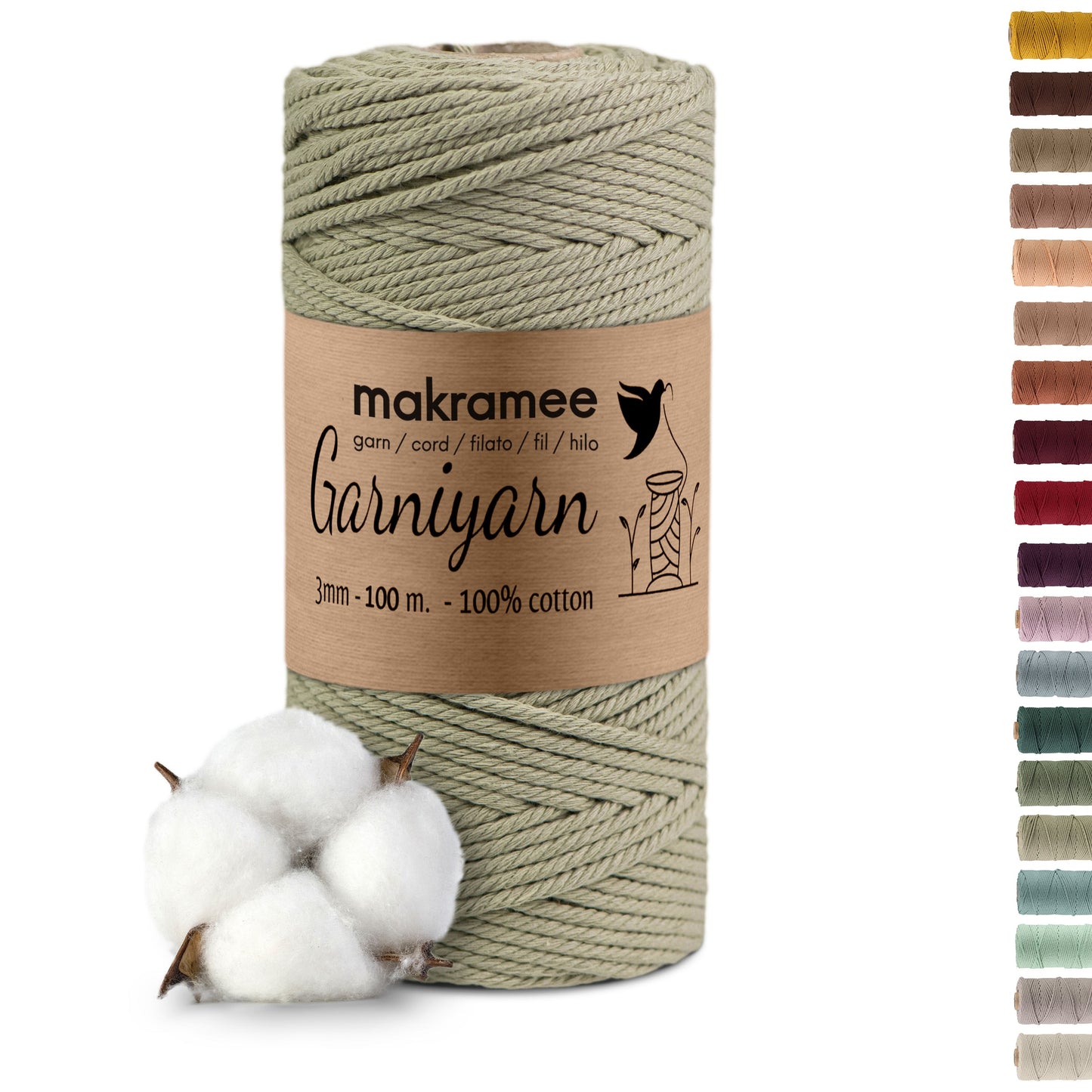 Macrame cord 3 mm Premium 100% Cotton , 100m Olive green