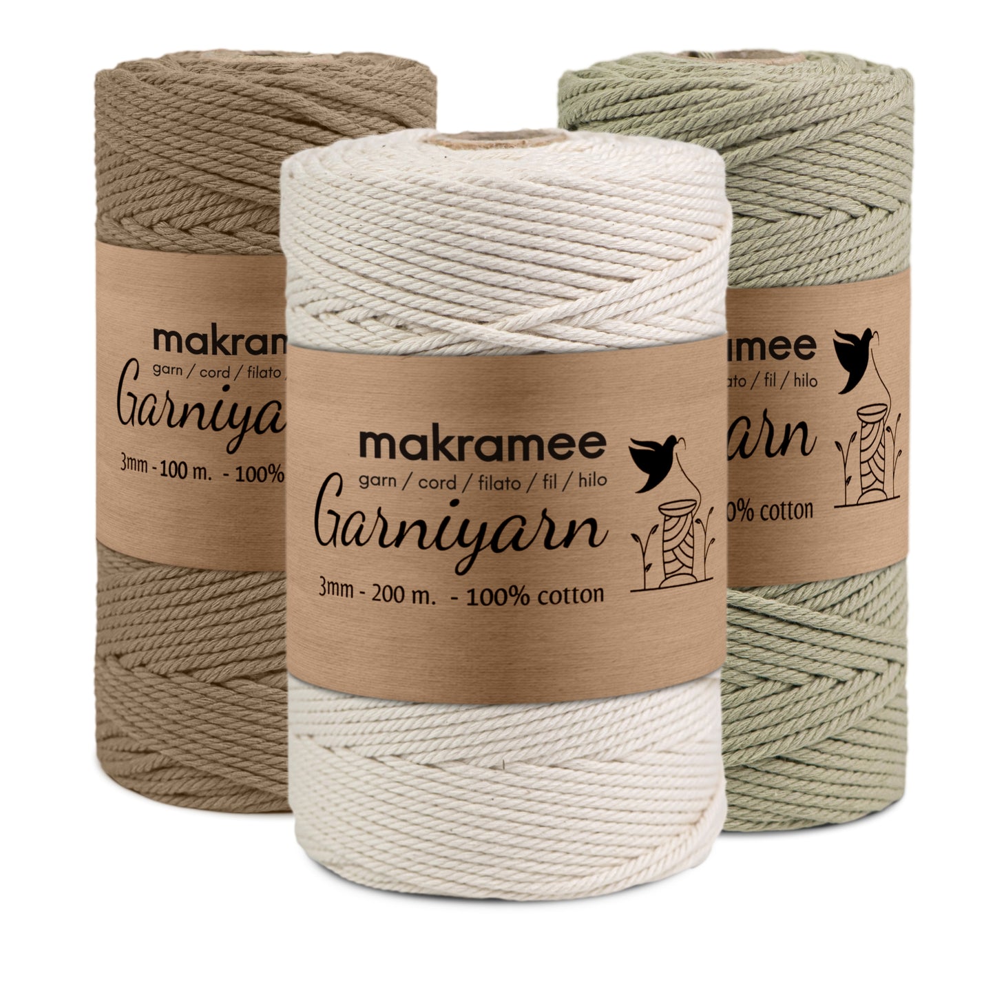 Garniyarn Macrame cord Bundle 3 mm Premium 100% Cotton Set of 1 bobbin x 200m Natural /100m Olive Green/100m Latte