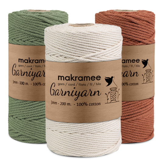 Garniyarn Macrame cord Bundle 3 mm Premium 100% Cotton Set of 1 bobbin x 200m Natural /100m Terracotta /100m Sage Green