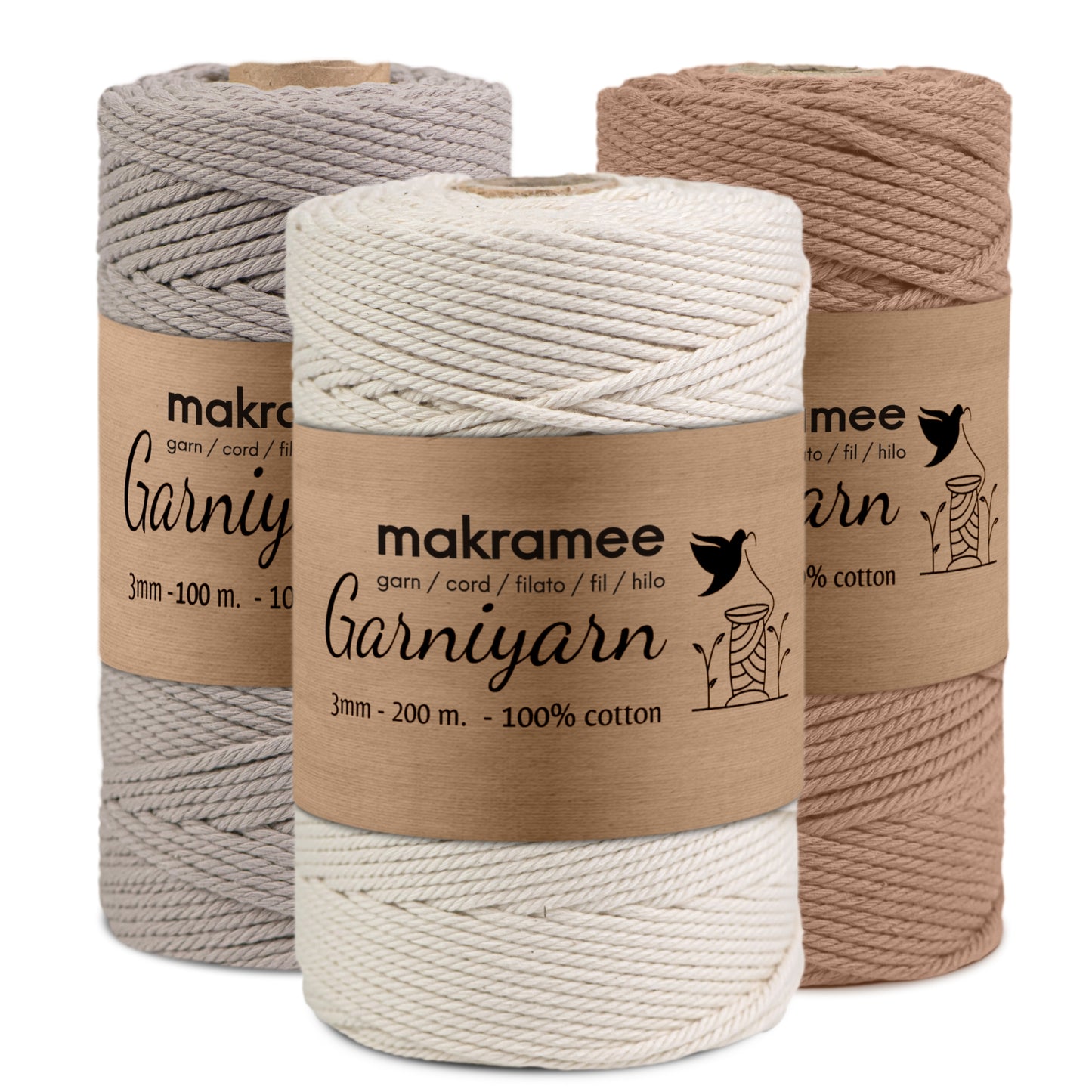 Garniyarn Macrame cord Bundle 3 mm Premium 100% Cotton Set of 1 bobbin x 200m Natural /100m Simply Taupe /100m Mocha Mousse